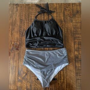 Shein Black Halter Bikini Top and Striped High-Waist Bottom